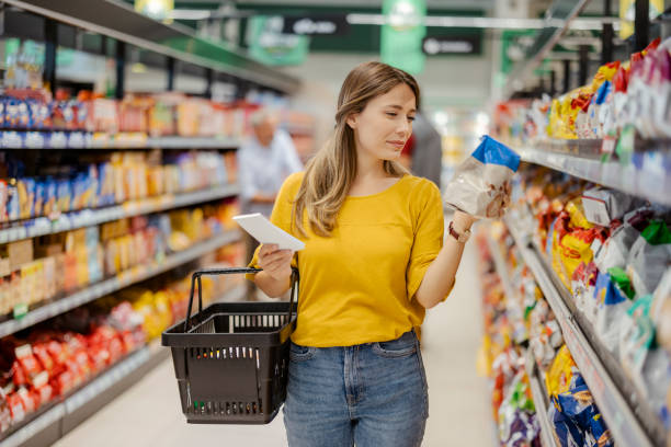 female consumer purchasing goods at grocery store, walking among shelves